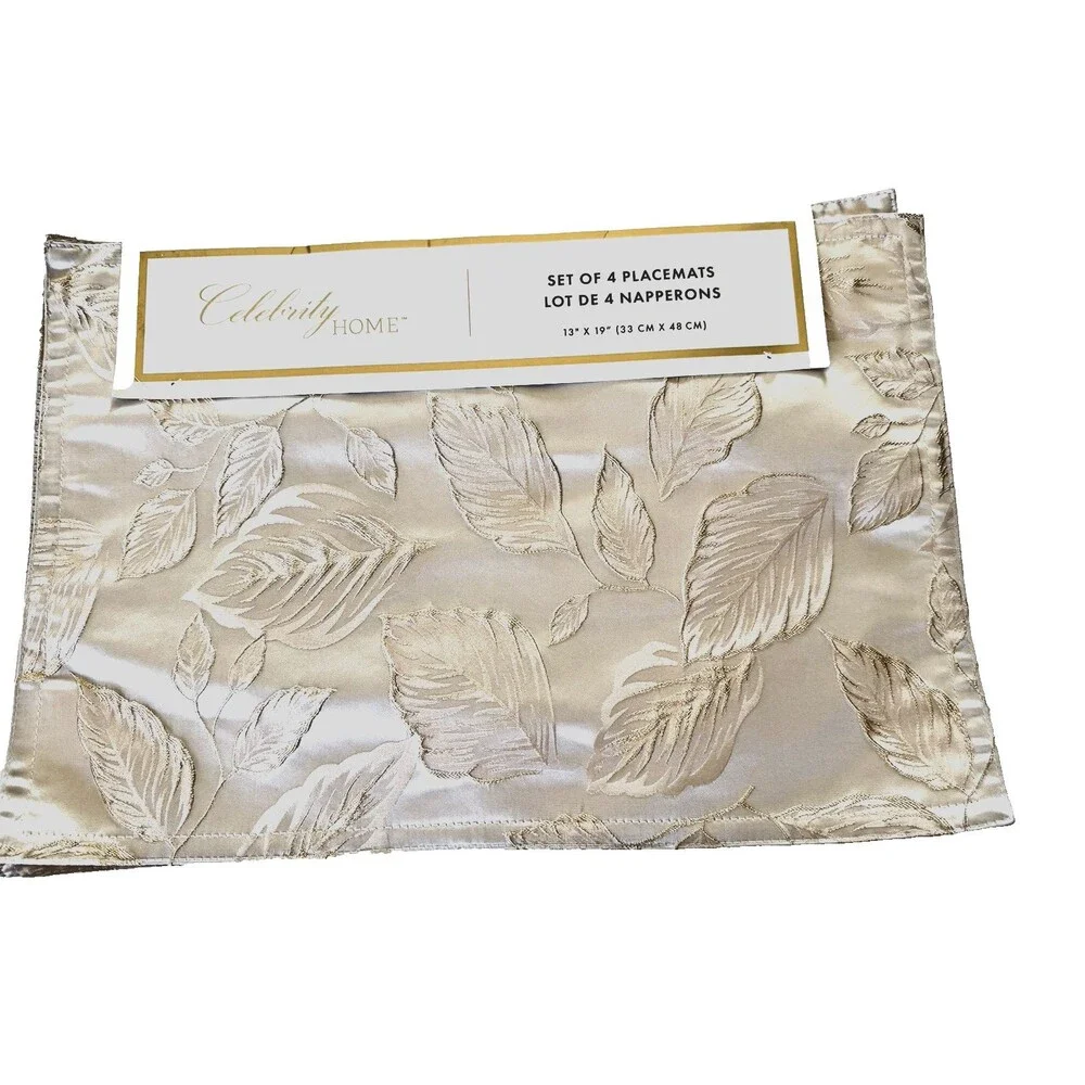 Celebrity Home Table Placemats Gold Embroidered Leaves 13x18 Set of 4